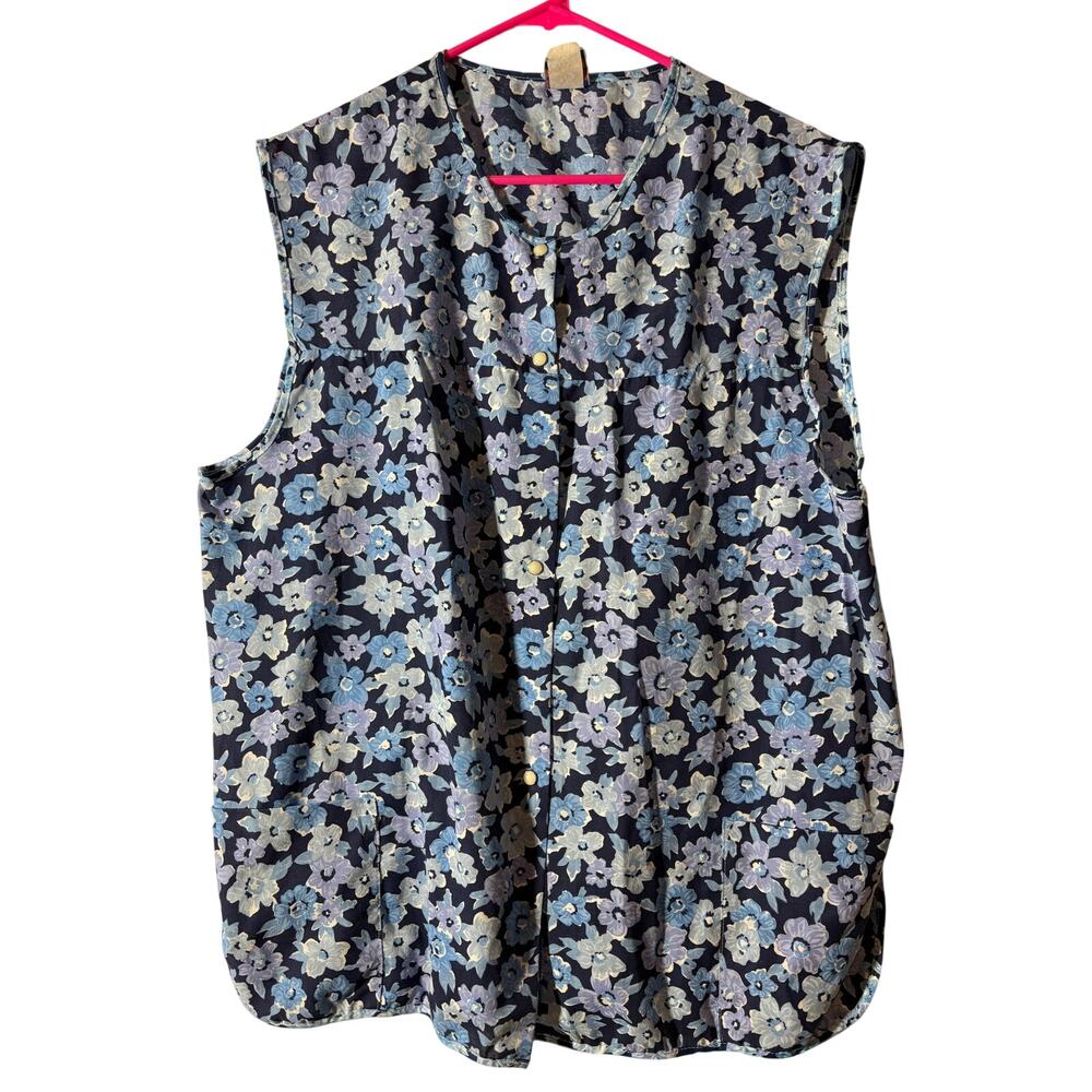 Tiger Lily Vintage 90s Size 1x Blue Floral Pearl Snap Button-Up Sleeveless Top
